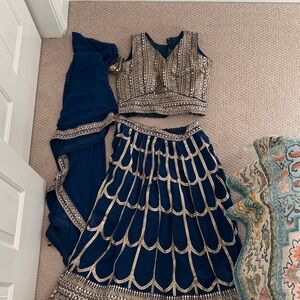 Elegant Blue and Gold Embellished Lehenga Set Indian attire